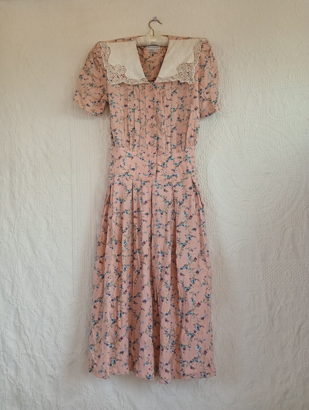 Vintage Pink Floral Midi Dress Lace Sailor Collar Prairiecore Karin Stevens 80s - Picture 15 of 15